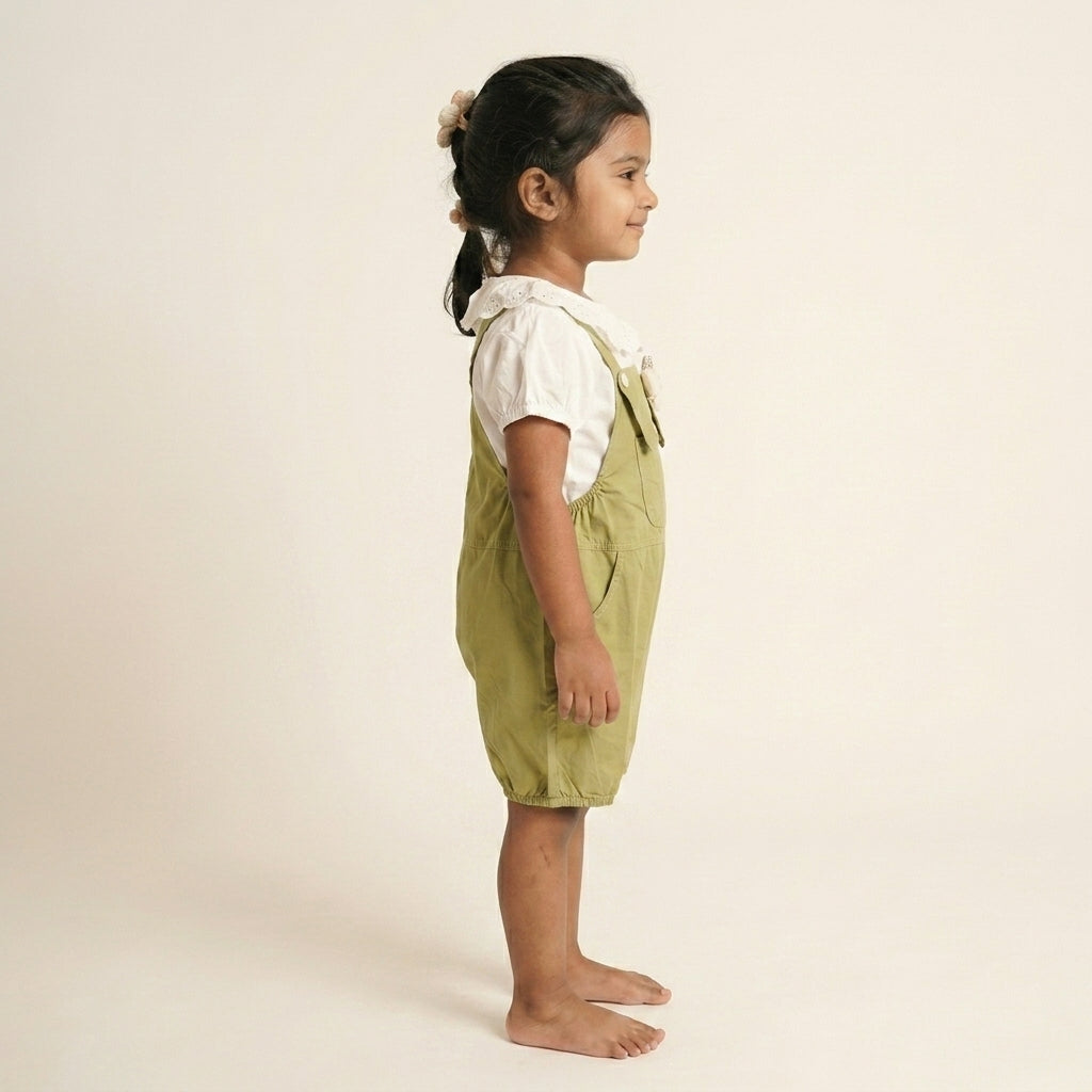 Playful Meadows: Girls' Sage Green Short Overalls & Ruffled Blouse Set