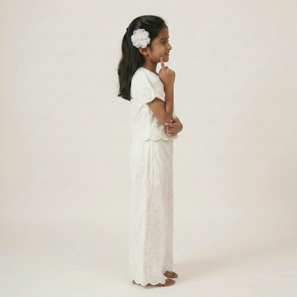 Ivory Elegance: Girls' White Schiffli Top & Wide-Leg Pant Co-ord Set