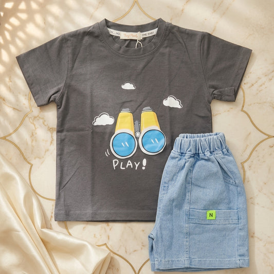Charcoal Binocular Tee & Light-Wash Denim Shorts