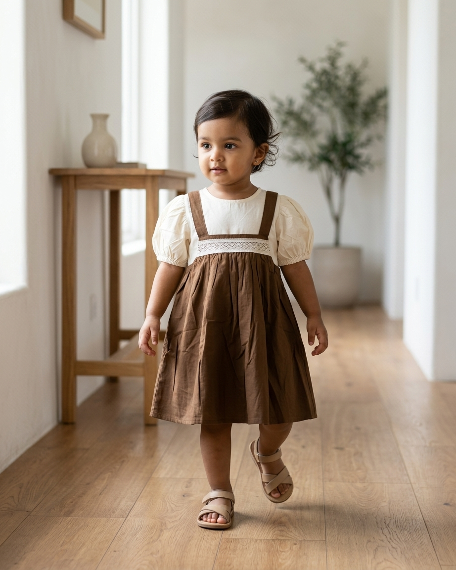 Cocoa Charm: Girls' Brown Lace-Trim Pinafore & Ivory Puff-Sleeve Blouse Set