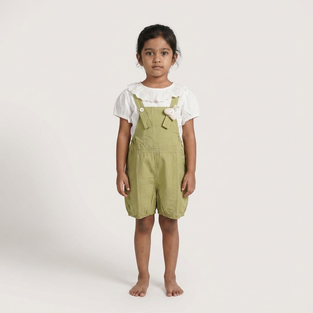 Playful Meadows: Girls' Sage Green Short Overalls & Ruffled Blouse Set