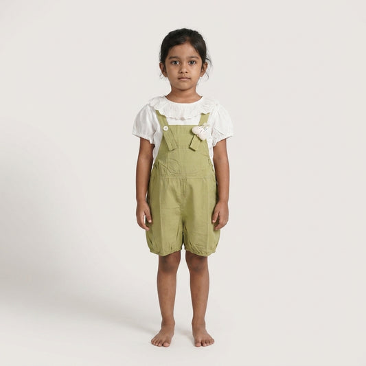 Playful Meadows: Girls' Sage Green Short Overalls & Ruffled Blouse Set