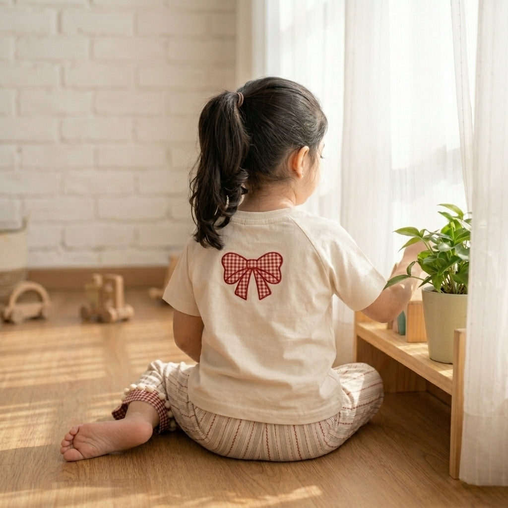 Gingham Whimsy: Girls' Cream Tee & Striped Pom-Pom Pant Set