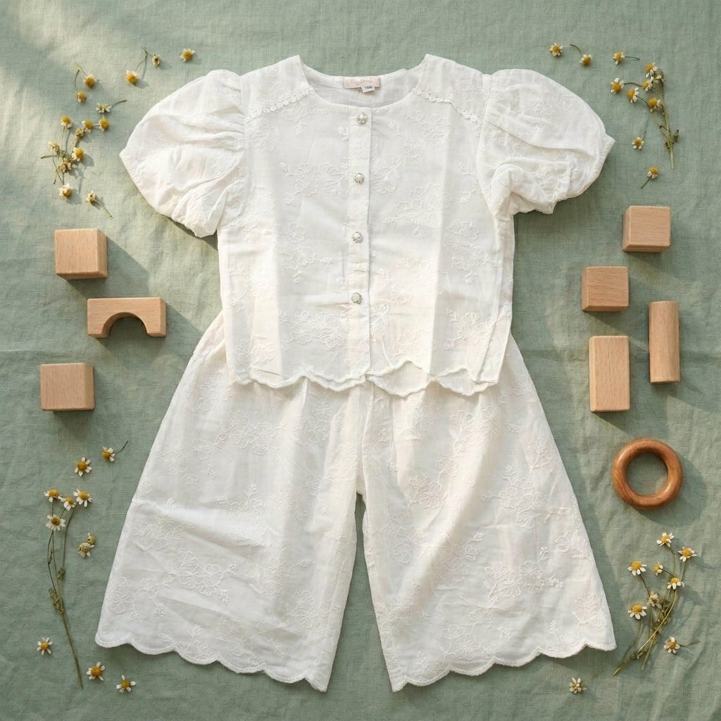 Ivory Elegance: Girls' White Schiffli Top & Wide-Leg Pant Co-ord Set