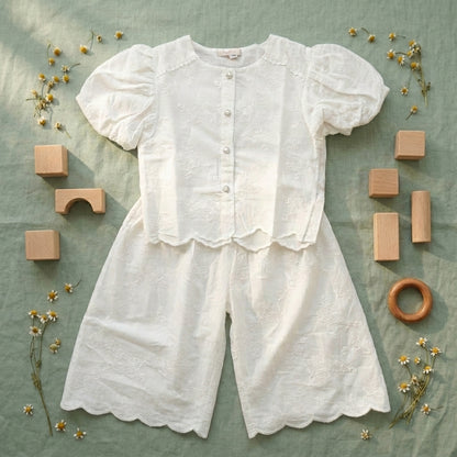 Ivory Elegance: Girls' White Schiffli Top & Wide-Leg Pant Co-ord Set