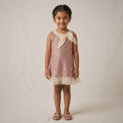 Rose Gold Radiance: Girls' Sequin Shift Dress with Statement Bow