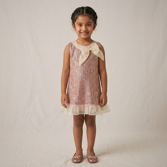 Rose Gold Radiance: Girls' Sequin Shift Dress with Statement Bow