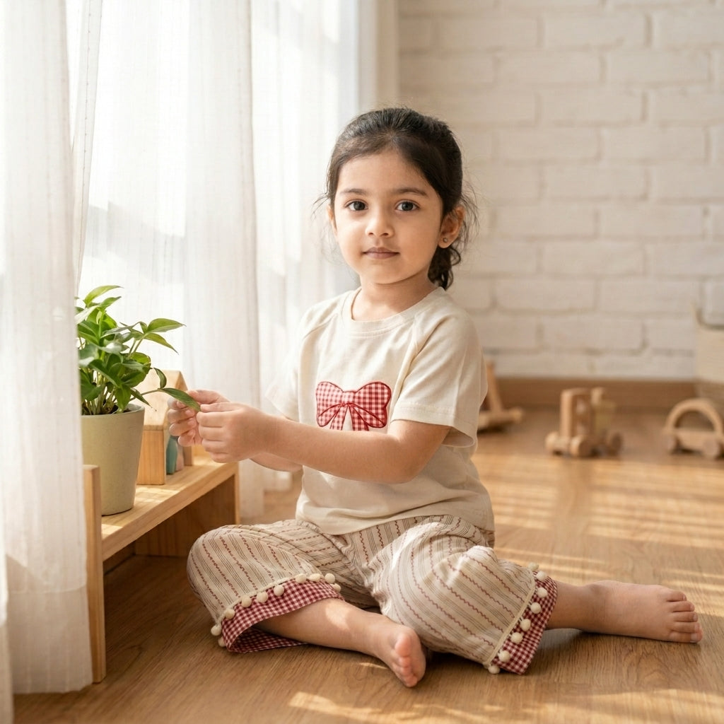 Gingham Whimsy: Girls' Cream Tee & Striped Pom-Pom Pant Set