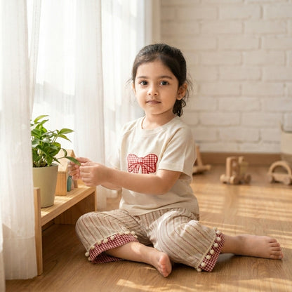 Gingham Whimsy: Girls' Cream Tee & Striped Pom-Pom Pant Set
