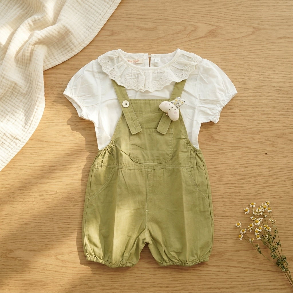Playful Meadows: Girls' Sage Green Short Overalls & Ruffled Blouse Set