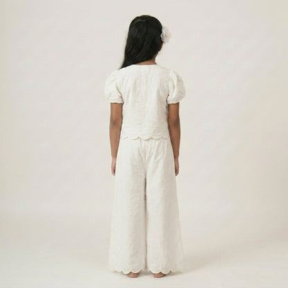 Ivory Elegance: Girls' White Schiffli Top & Wide-Leg Pant Co-ord Set