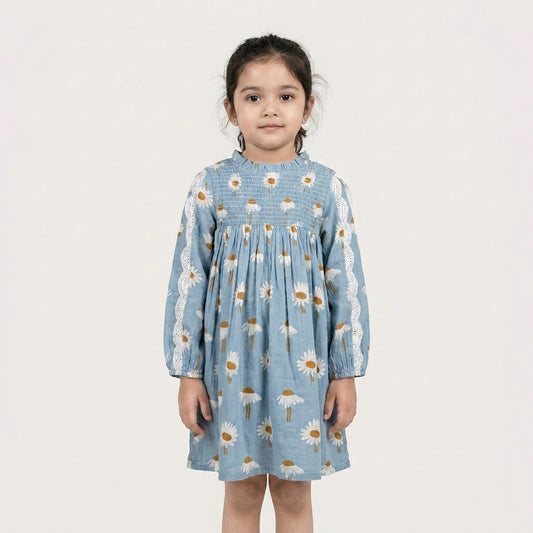 Daisy Dream: Girls' Dusty Blue Smocked Floral Dress with Lace Details