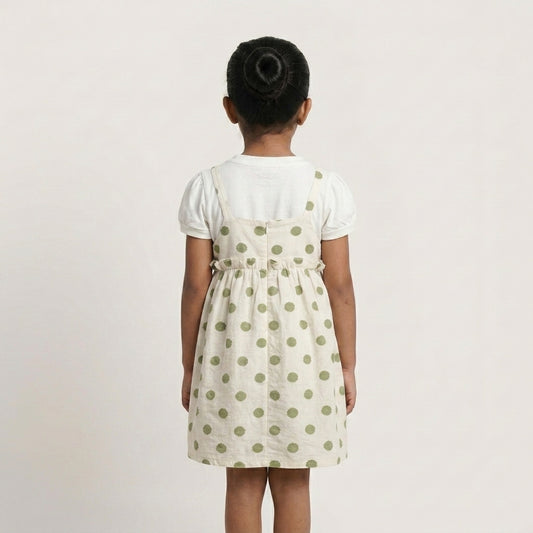 Springtime Dots: Girls' Cream & Green Pinafore Dress Set with White Tee