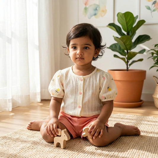 Peach Blossom: Toddler Girls' Textured Button-Down Top & Shorts Set