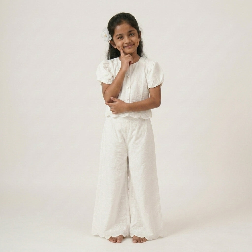 Ivory Elegance: Girls' White Schiffli Top & Wide-Leg Pant Co-ord Set