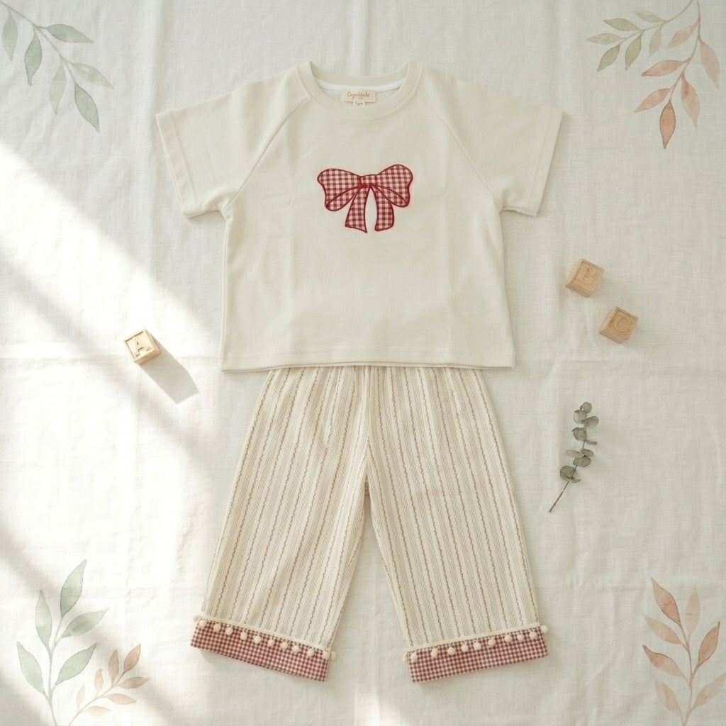 Gingham Whimsy: Girls' Cream Tee & Striped Pom-Pom Pant Set
