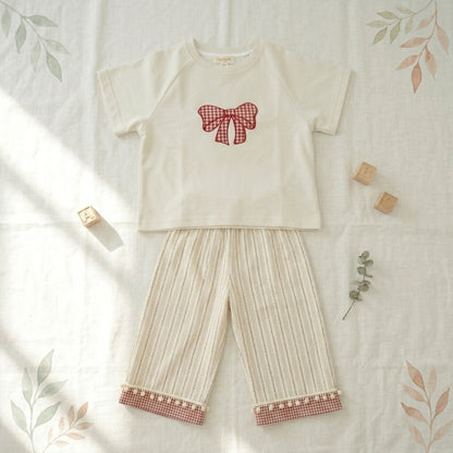 Gingham Whimsy: Girls' Cream Tee & Striped Pom-Pom Pant Set
