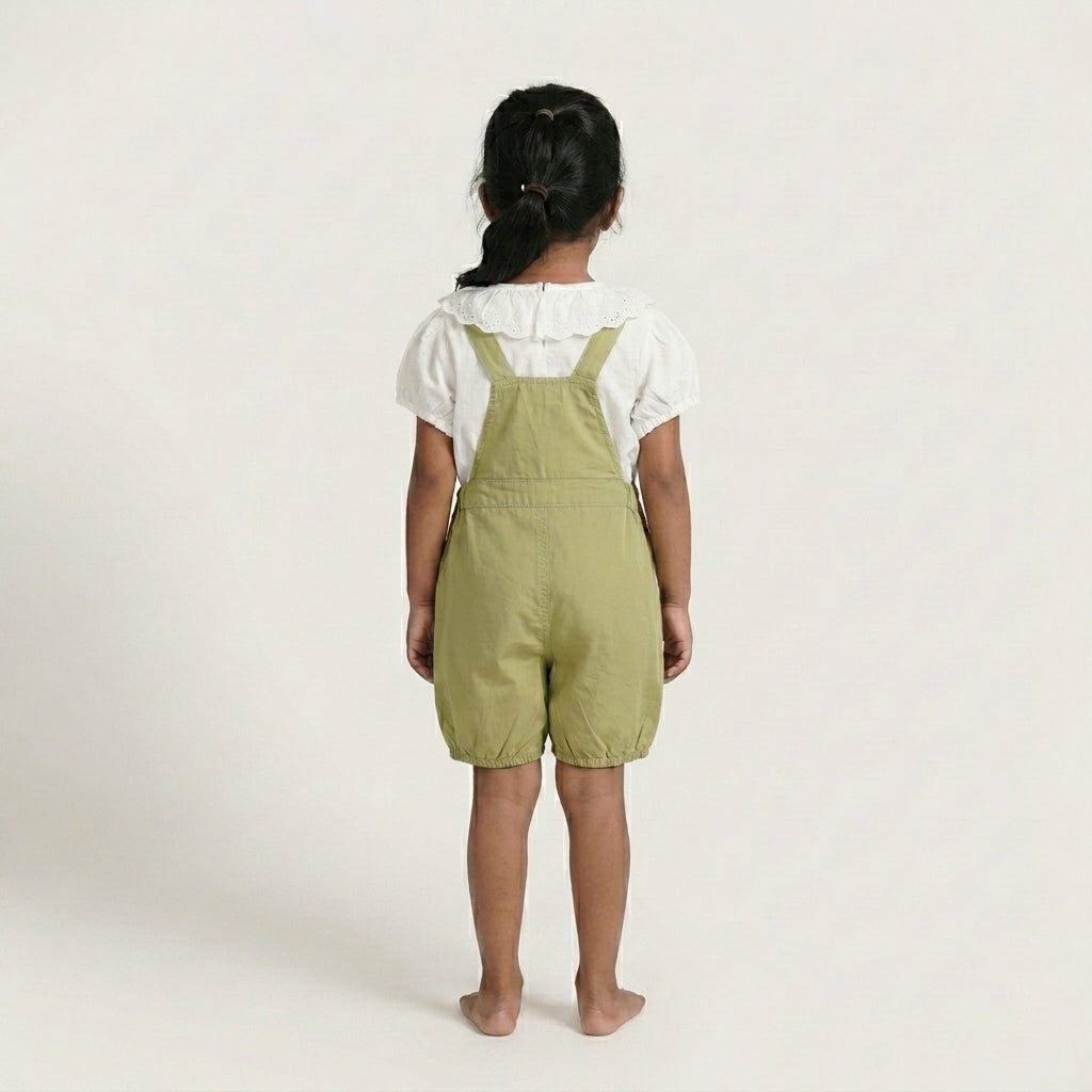 Playful Meadows: Girls' Sage Green Short Overalls & Ruffled Blouse Set