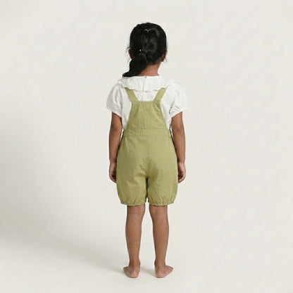 Playful Meadows: Girls' Sage Green Short Overalls & Ruffled Blouse Set