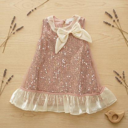 Rose Gold Radiance: Girls' Sequin Shift Dress with Statement Bow