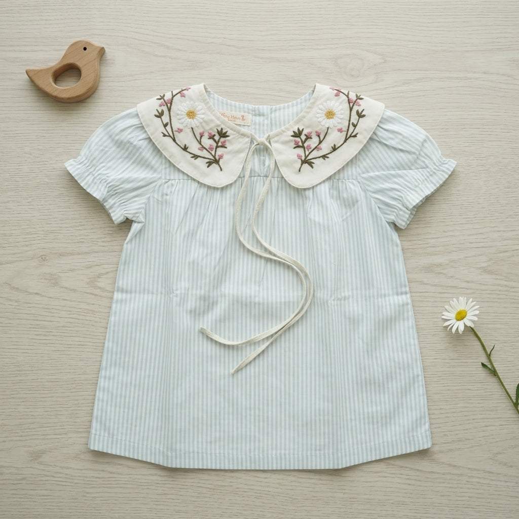 EmbroideryCollar Blue Stripe Dress