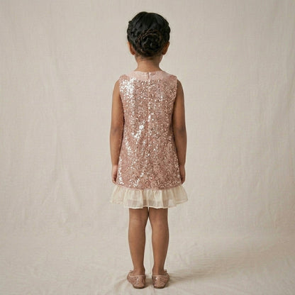Rose Gold Radiance: Girls' Sequin Shift Dress with Statement Bow