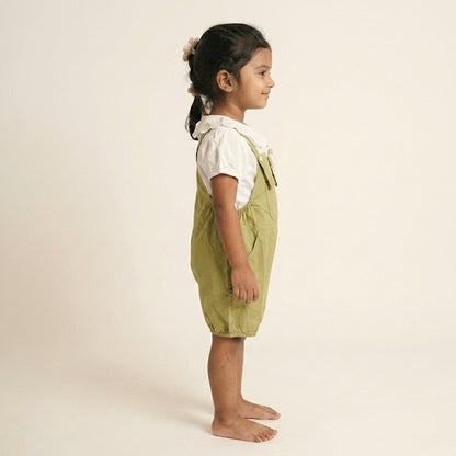 Playful Meadows: Girls' Sage Green Short Overalls & Ruffled Blouse Set