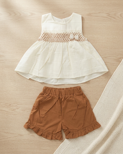 Honey Smock: Girls' Cream Sleeveless Tunic & Tan Ruffled Shorts Set