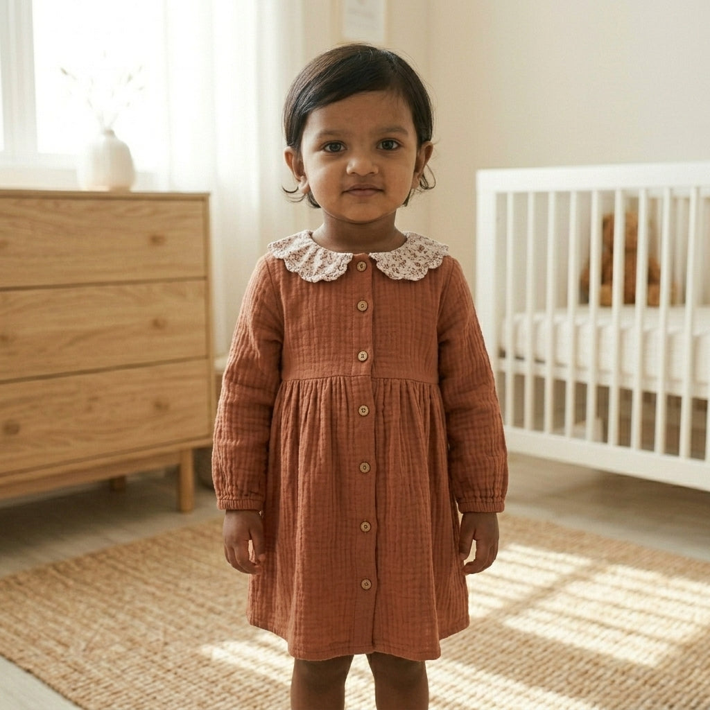 Printed Collar Mul Dress-Brown