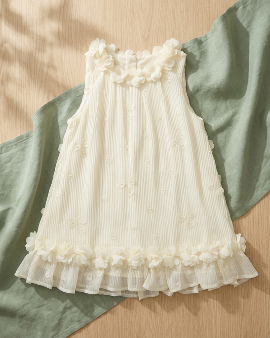 Pearl Blossom: Girls' Cream Pleated Georgette Dress with 3D Floral Ruffles