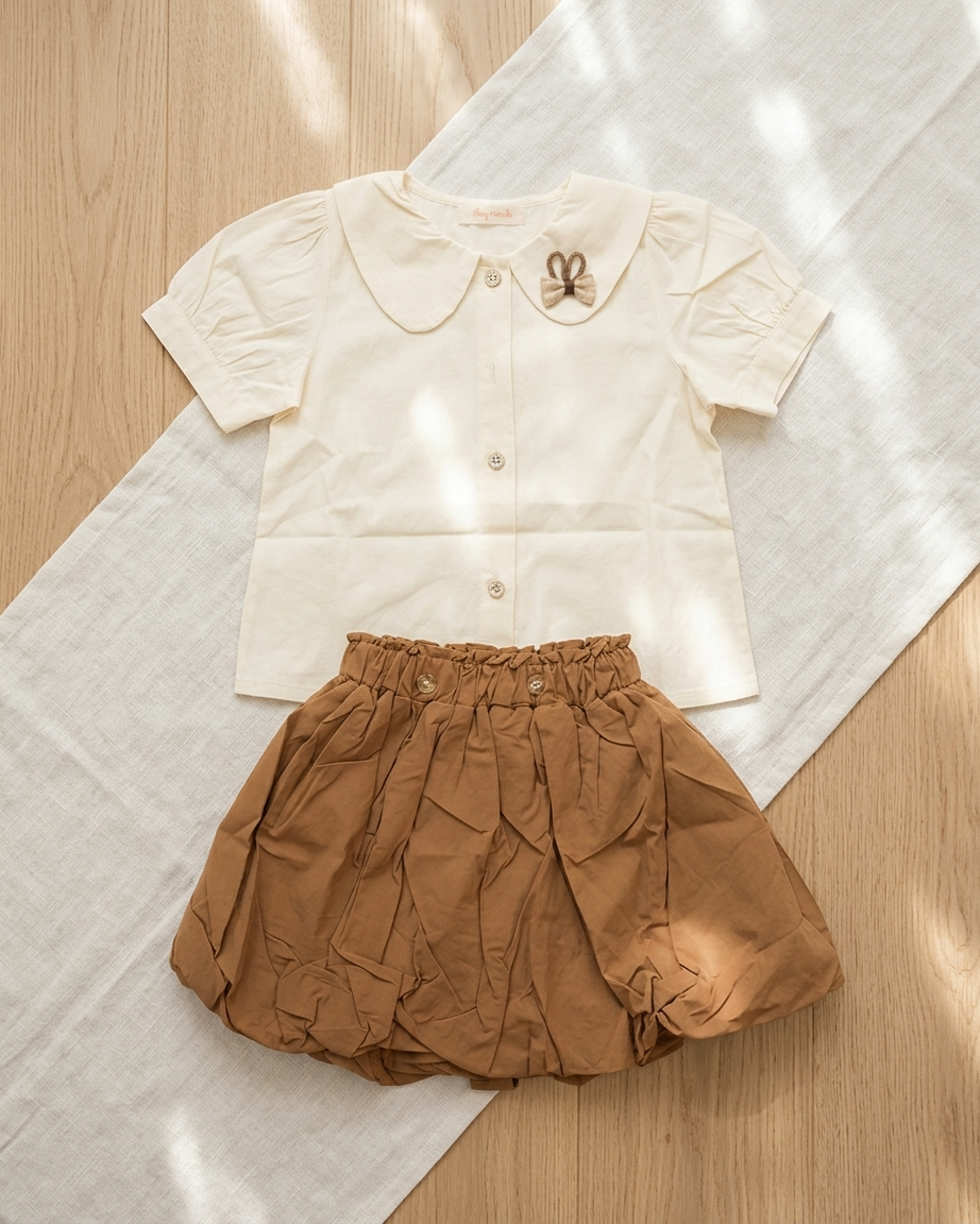 Honey & Cream: Girls' Peter Pan Collar Blouse & Bubble Bloomer Set