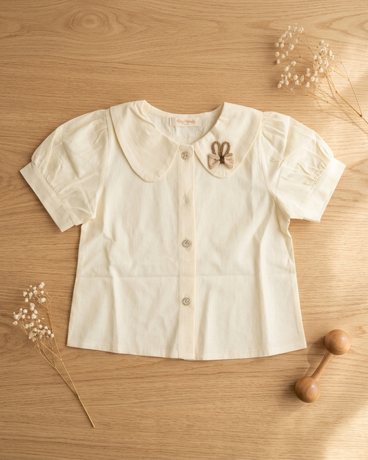 Ivory Bloom: Girls' Peter Pan Collar Blouse with Crochet Bunny Accent
