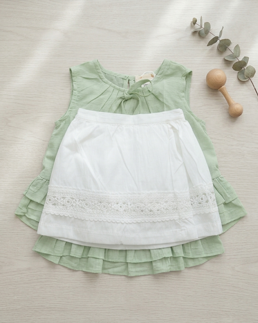 Mint Sorbet: Girls' Cotton Ruffle Top & White Lace-Bordered Shorts Set