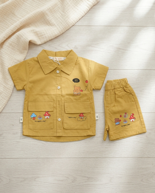 Mustard Meadow: Boys' Utility Cotton Set with Bear & Mushroom Graphics