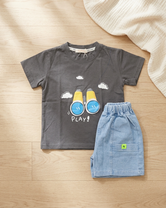 Little Explorer: Boys' Charcoal Binocular Tee & Light-Wash Denim Shorts Set