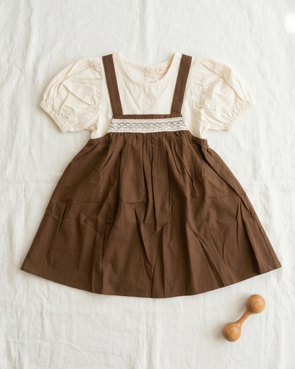 Cocoa Charm: Girls' Brown Lace-Trim Pinafore & Ivory Puff-Sleeve Blouse Set