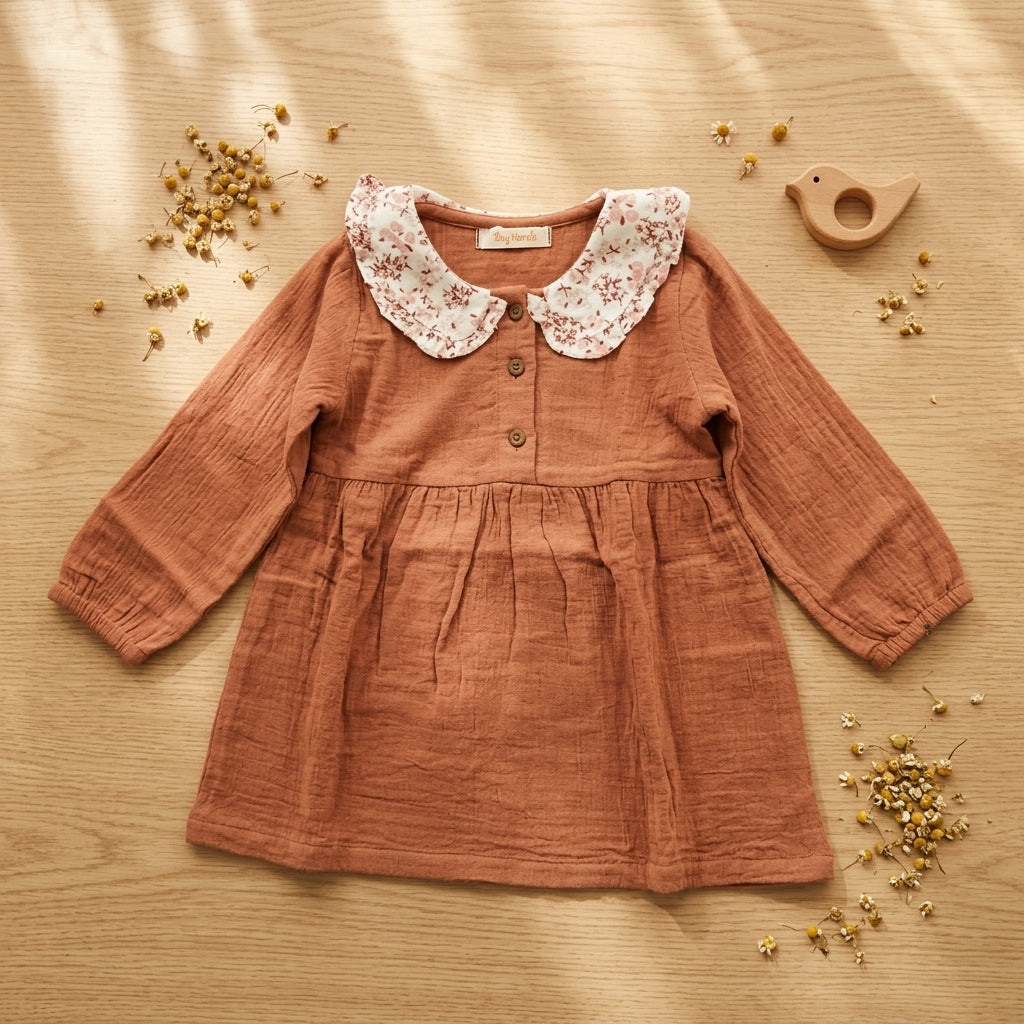 Printed Collar Mul Dress-Brown