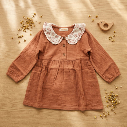 Printed Collar Mul Dress-Brown