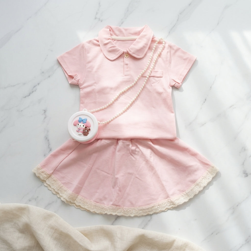 Monochrome Bag Skirt Set-Pink