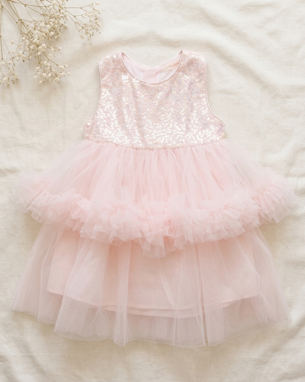 Sparkle & Twirl: Girls' Pink Sequined Bodice Tiered Tulle Party Dress