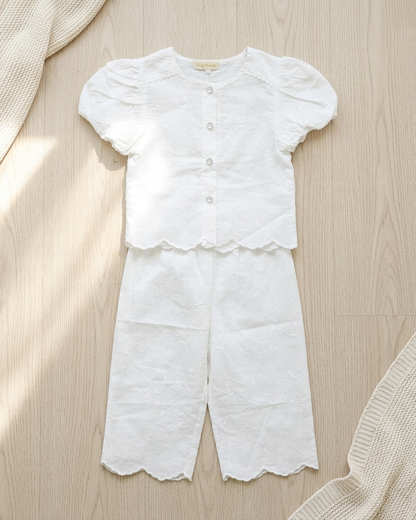 Cloud White Floral Chikankari Cotton Set with Scalloped Hem & Puff Sleeves