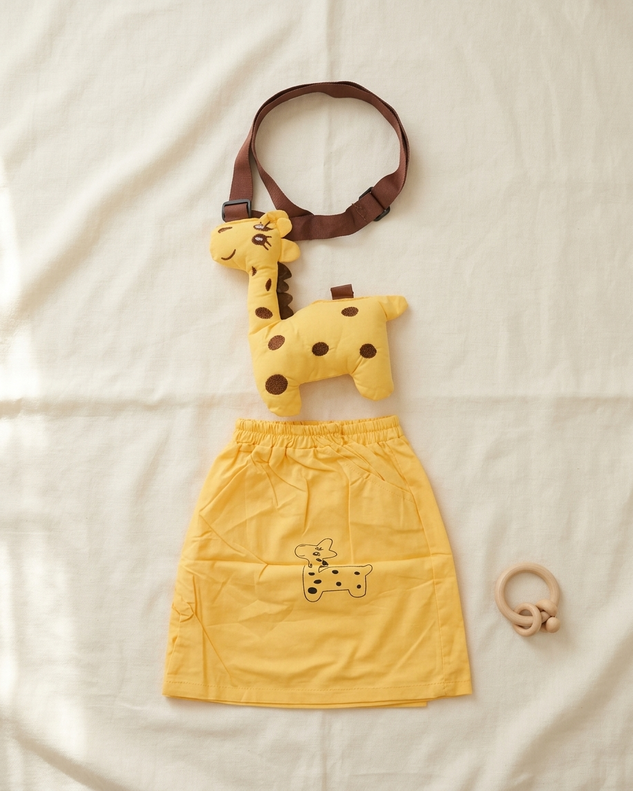 Sunny Safari: Toddler Boys' Yellow Cotton Shorts with 3D Giraffe Plush Bag