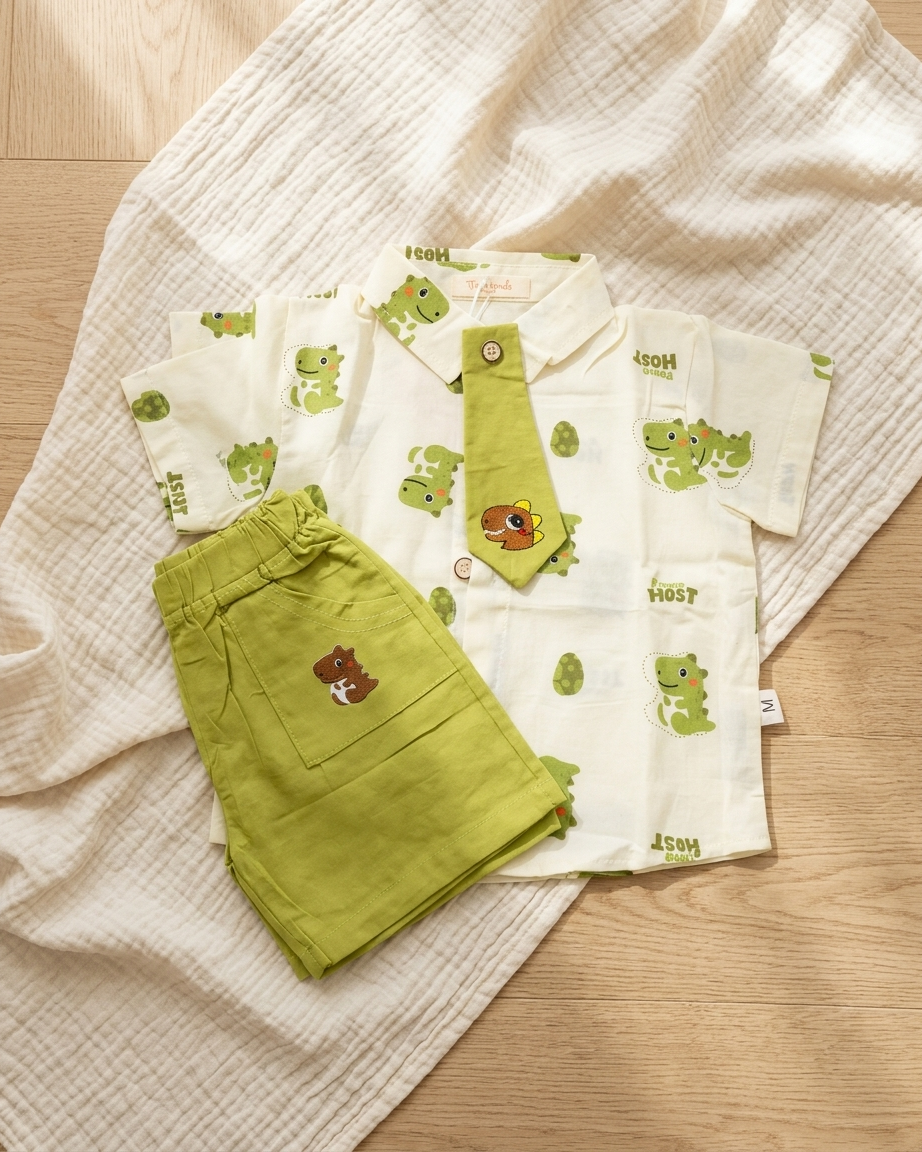 Dino-Mite Dapper: Boys' Cream Dinosaur Print Shirt & Olive Shorts Set with Matching Tie