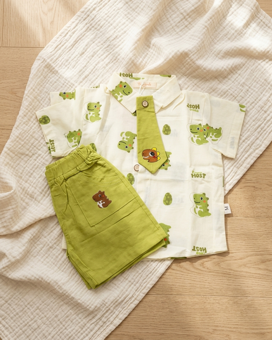 Dino-Mite Dapper: Boys' Cream Dinosaur Print Shirt & Olive Shorts Set with Matching Tie