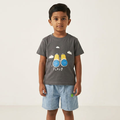 Charcoal Binocular Tee & Light-Wash Denim Shorts
