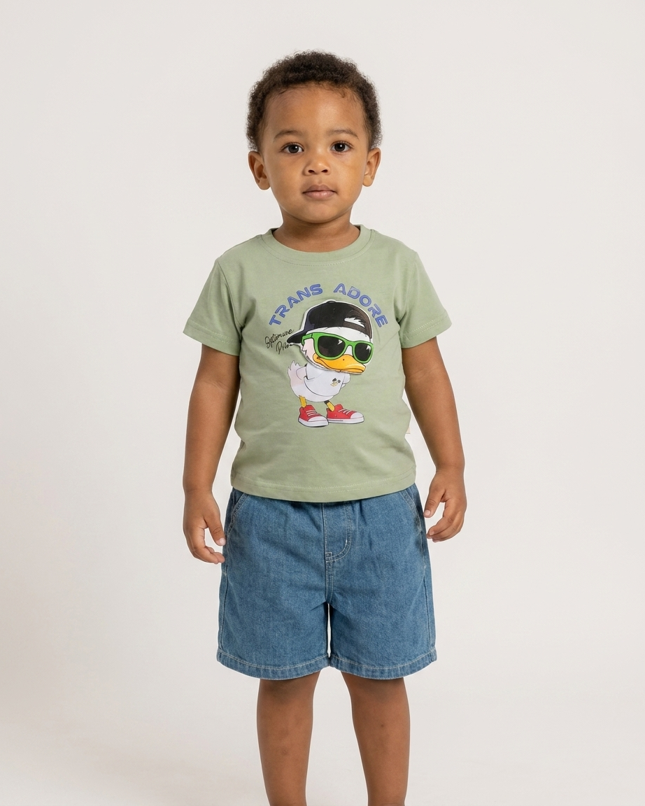 Urban Duckling: Boys' Sage Green Graphic Tee & Denim Shorts Set