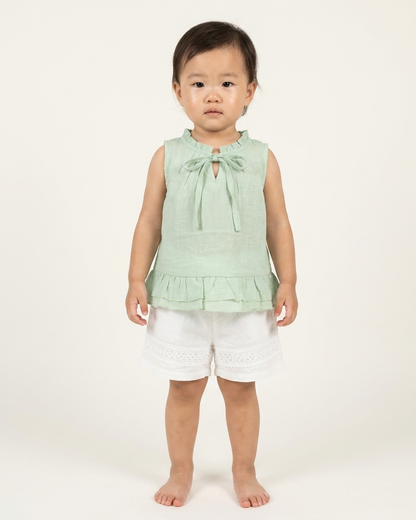 Mint Sorbet: Girls' Cotton Ruffle Top & White Lace-Bordered Shorts Set