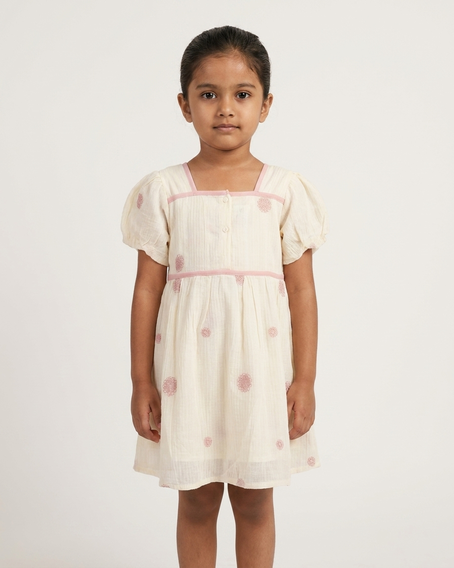 Blush Meadow: Toddler Girls' Cream Embroidered Cotton Dress with Puff Sleeves