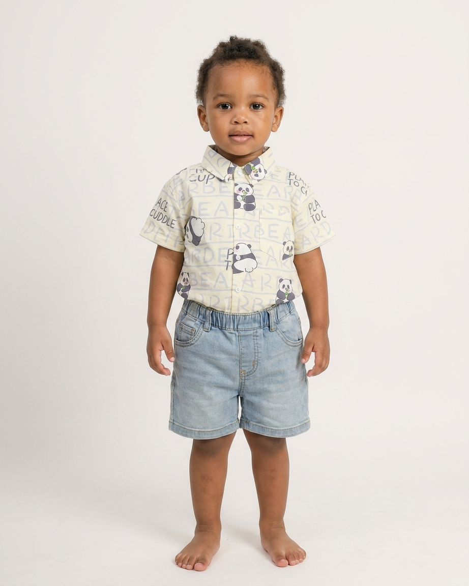 Panda Party: Boys' Cream Panda Print Shirt & Light-Wash Denim Shorts Set