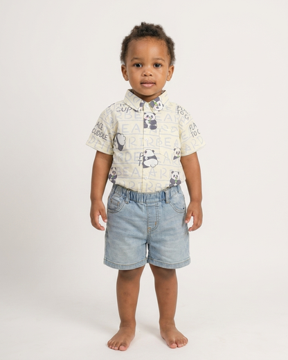 Panda Party: Boys' Cream Panda Print Shirt & Light-Wash Denim Shorts Set